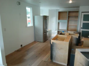 Open room before kitchen cabinet installation, Seattle home