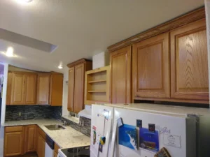 Completed wood-tone kitchen cabinet, Seattle