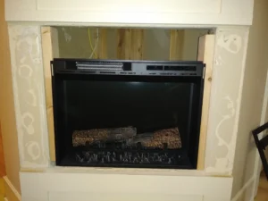 Fireplace before surround and casing installation, Seattle home