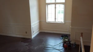 Completed shadow box panel molding installed on living room wall, Seattle