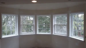 Bay window with white casing and trim installed, Seattle home