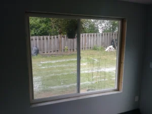 Exterior-facing window before interior casing installation