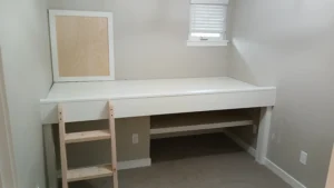 Completed white built-in desk and cabinet unit installed, Seattle home