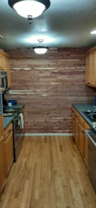 Completed wood accent wall installed in Seattle home