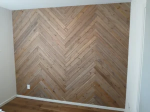 Completed herringbone wood accent wall installed, Seattle home