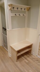 Custom mudroom built-in bench with butcher block top installed, Seattle