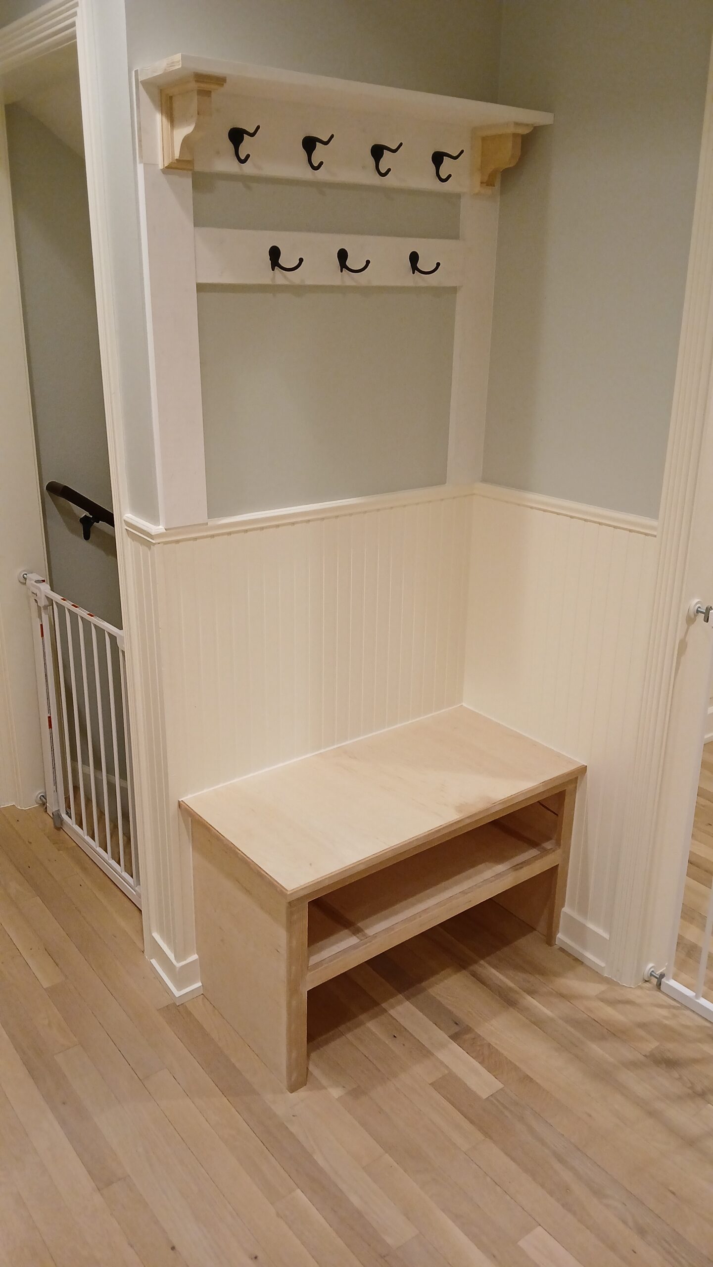 Custom mudroom built-in bench with butcher block top installed, Seattle