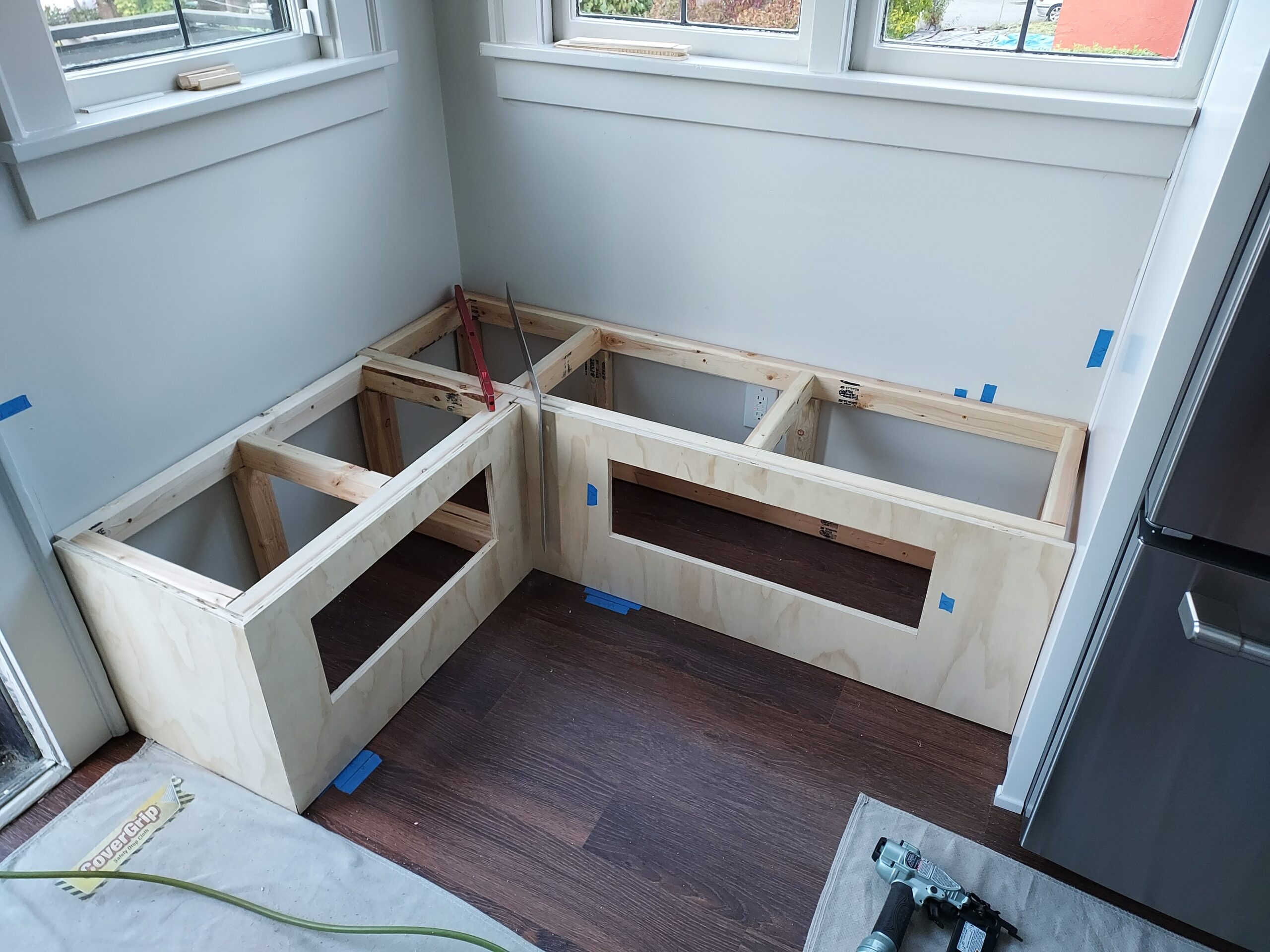 L-shaped bench built-in frame under construction, Seattle home